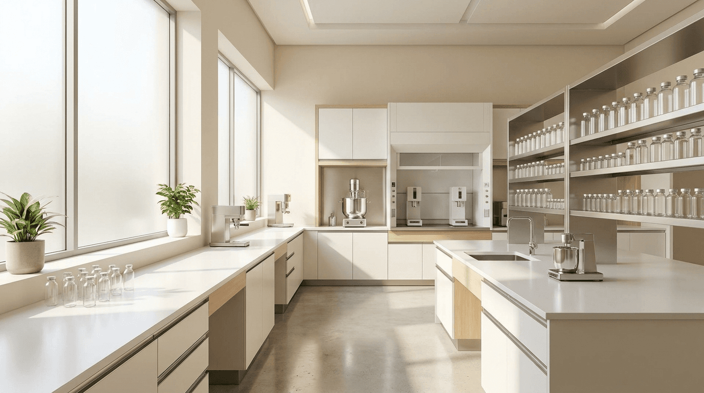 U.S. cGMP pharmaceutical laboratory with vials and instruments